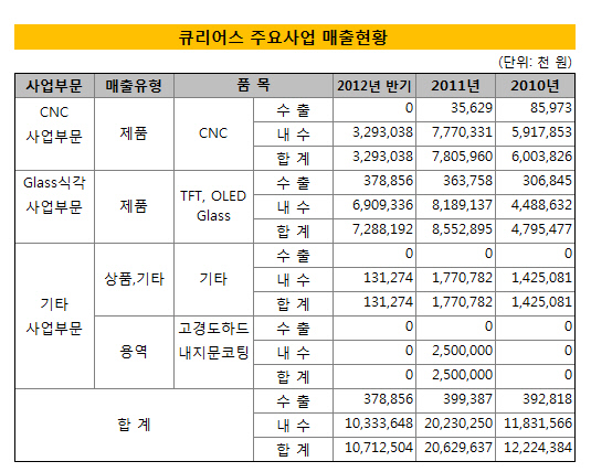 큐리어스 주요사업 매출 현황