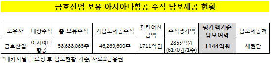 금호산업보유 아시아나항공 주식 담보제공 현황