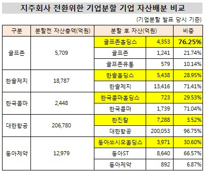 지주회사 전환위한 기업분할 기업 자산배분 비교