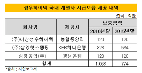 성우하이텍 국내 계열사 지급보증 제공 내역